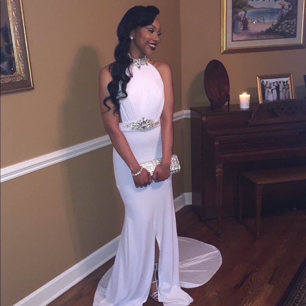 White and silver prom dress